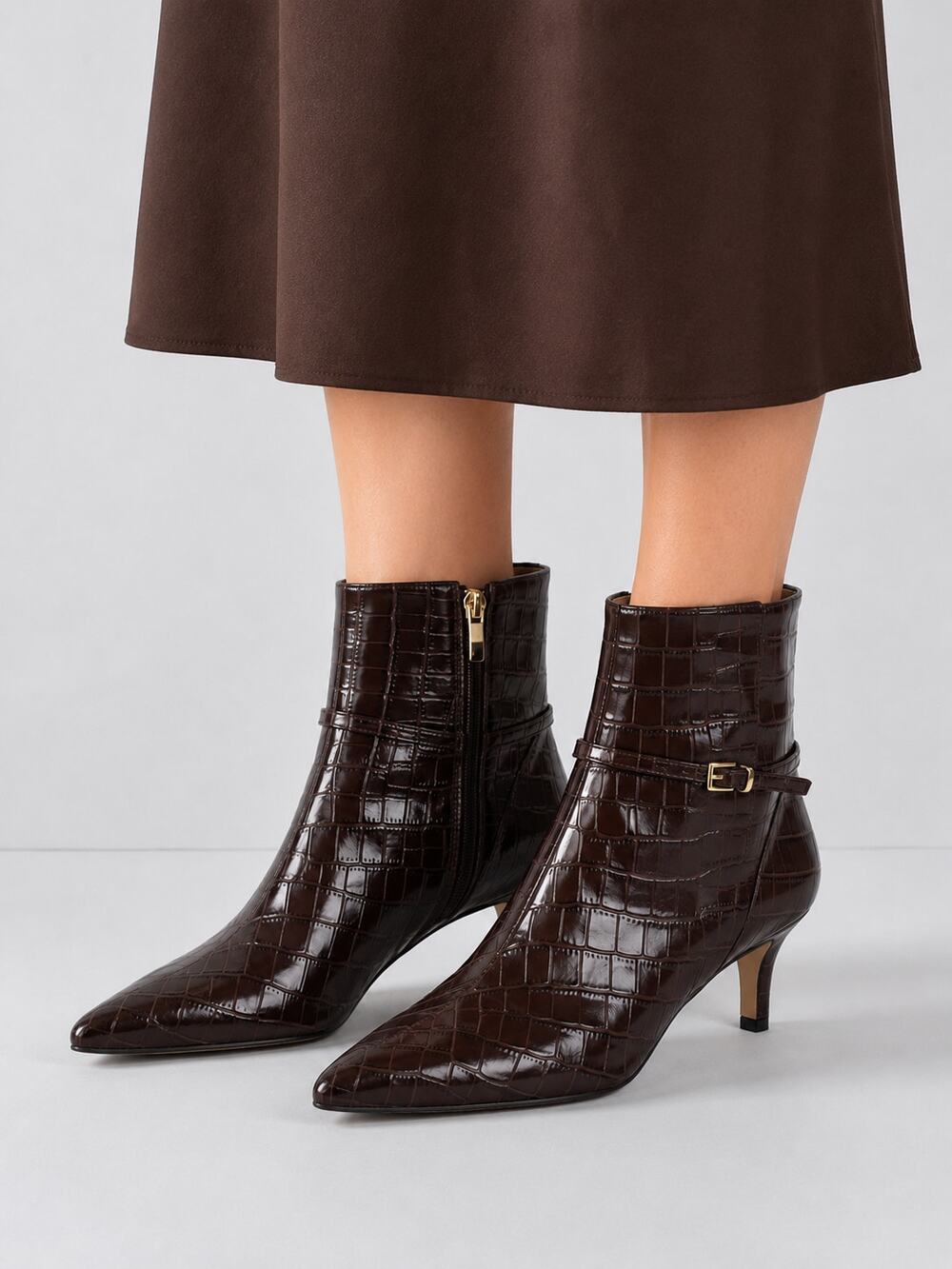 Ann Taylor Leather Ankle Chain Crocodile Bootie Boots Brown Womens Size 7 Croco